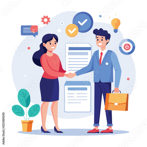 People shaking hands at work - Two businesspeople, man and woman doing handshake in office at work while smiling over business agreement and deal. Flat design stock illustration on white background