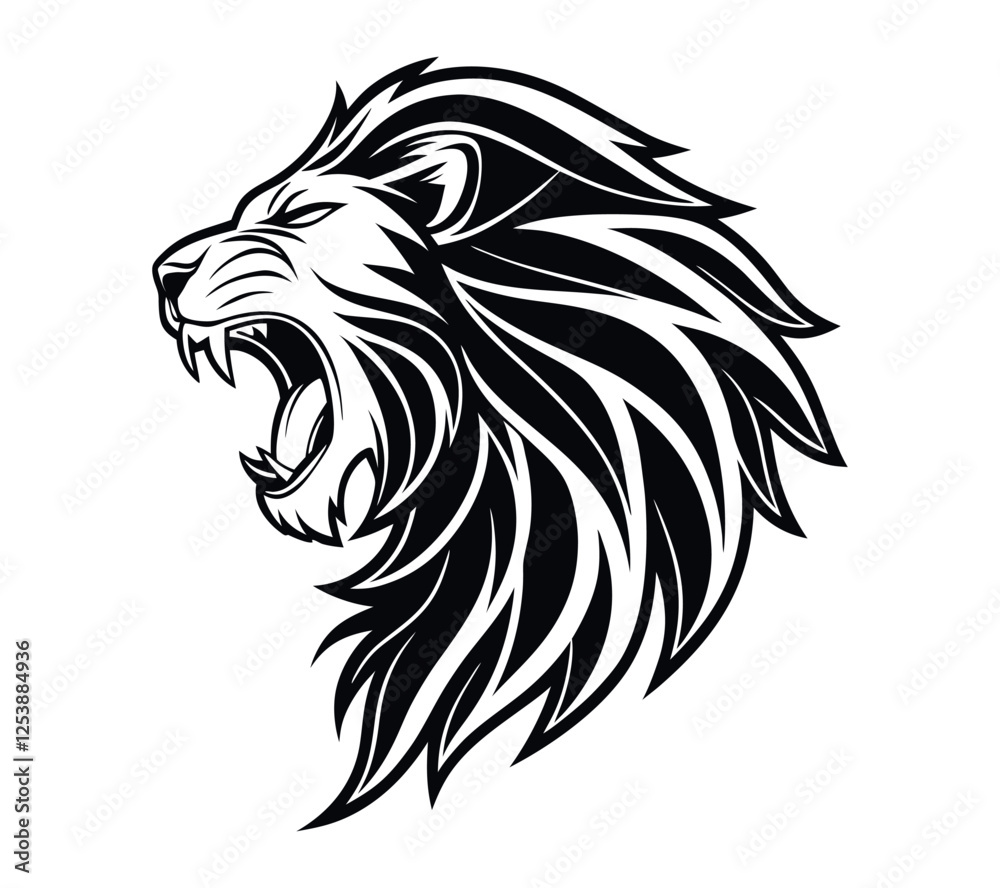 Fototapeta premium A high-contrast black and white vector illustration of a roaring lion's head,