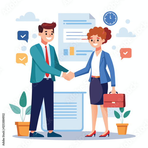 People shaking hands at work - Two businesspeople, man and woman doing handshake in office at work while smiling over business agreement and deal. Flat design stock illustration on white background