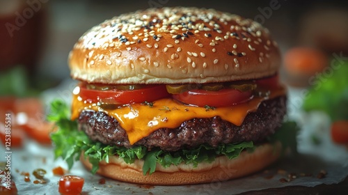 Delicious cheeseburger with lettuce, tomato, pickles, and sesame seeds on bun