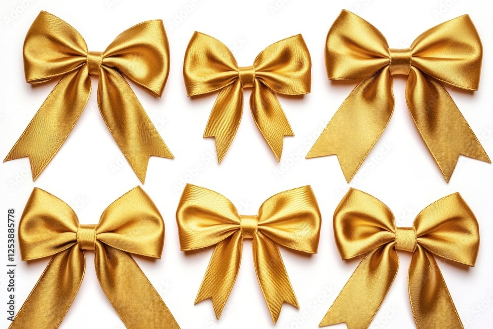 Six golden bows arranged on a clean white surface Six golden bows arranged on a clean white surface