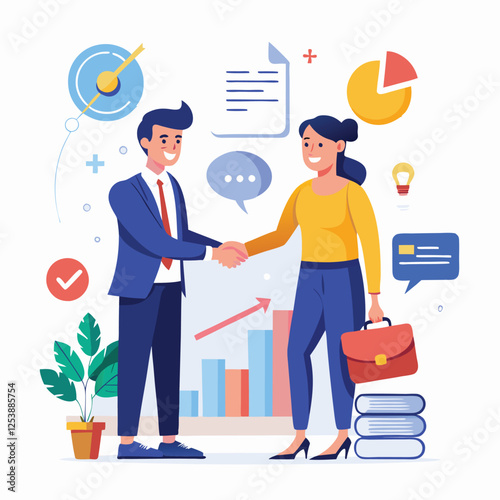 People shaking hands at work - Two businesspeople, man and woman doing handshake in office at work while smiling over business agreement and deal. Flat design stock illustration on white background