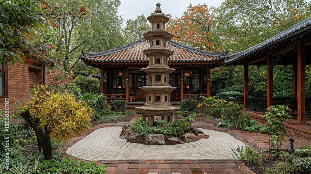 Obraz premium Serene Asian garden courtyard, pagoda centerpiece, autumn foliage
