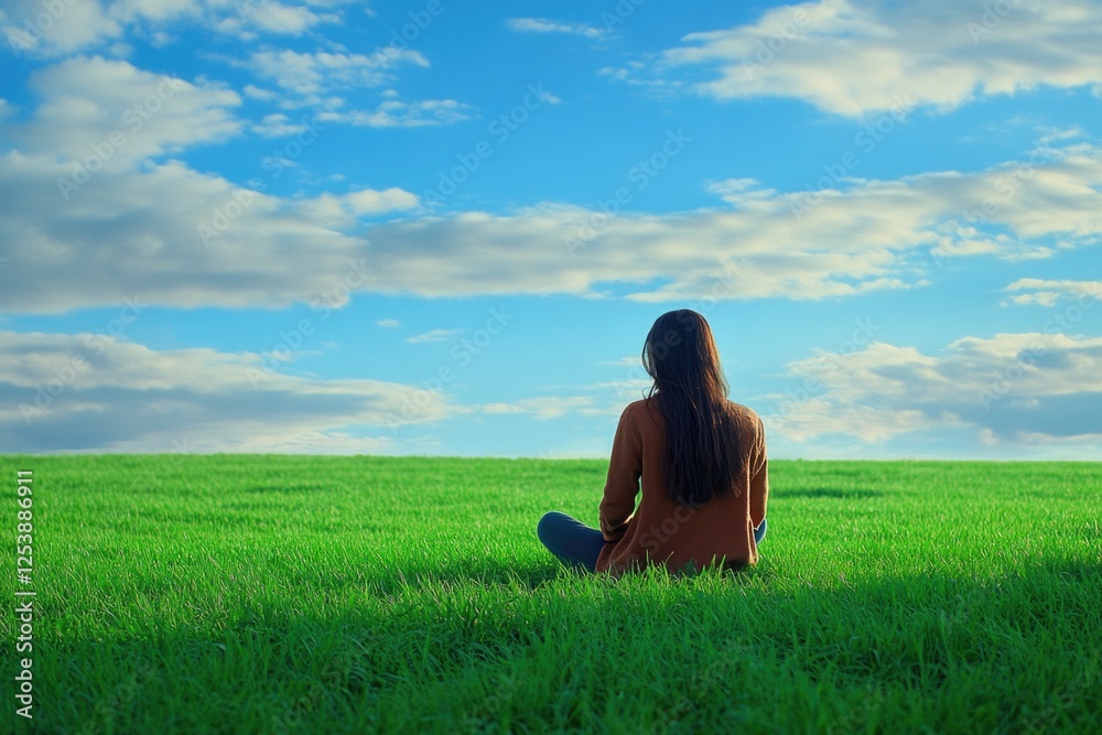 A woman sits in a field of lush green grass, surrounded by nature A woman sits in a field of lush green grass, surrounded by nature