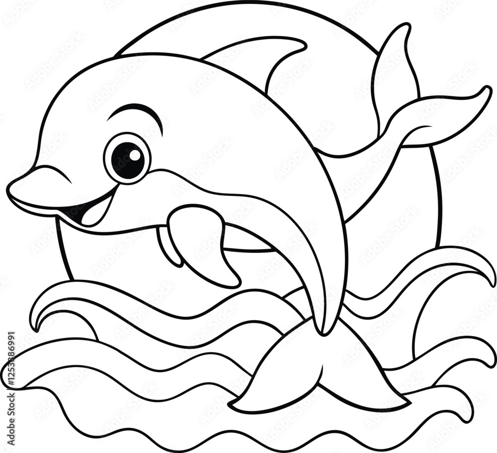 Happy Dolphin Leaping Ocean Waves Sun Coloring Page