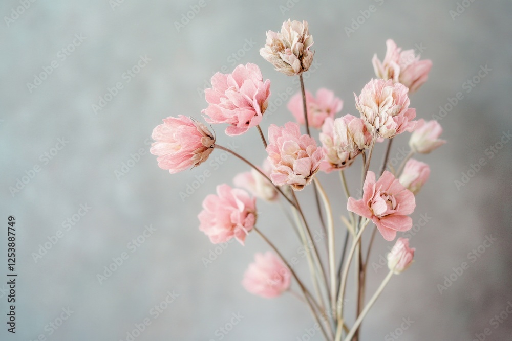 Fototapeta premium A still life image of a vase filled with pink flowers sitting on a table