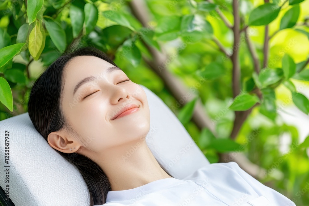 A young woman lies peacefully with closed eyes, a gentle smile on her face, surrounded by lush green foliage. A young woman lies peacefully with closed eyes, a gentle smile on her face, surrounded by lush green foliage.