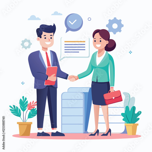 People shaking hands at work - Two businesspeople, man and woman doing handshake in office at work while smiling over business agreement and deal. Flat design stock illustration on white background