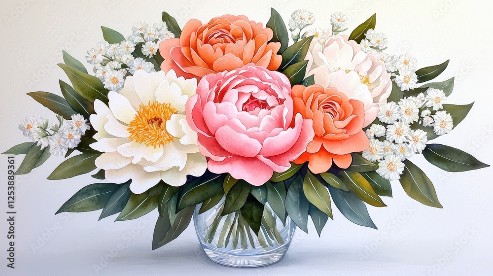 Fototapeta premium A vibrant bouquet featuring pink peonies, white daisies, and delicate foliage in a clear vase, perfect for adding charm to any space.
