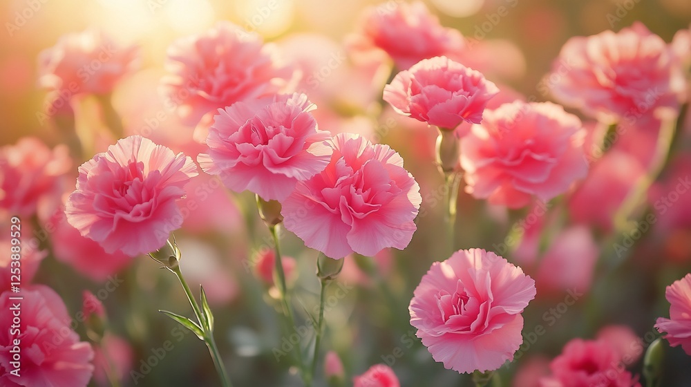 Lush garden filled blooming carnations pink and magenta hues bright and fresh atmosphere Lush garden filled blooming carnations pink and magenta hues bright and fresh atmosphere