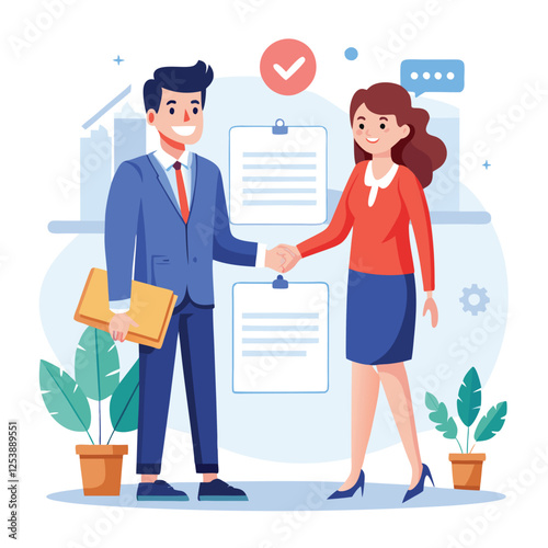 People shaking hands at work - Two businesspeople, man and woman doing handshake in office at work while smiling over business agreement and deal. Flat design stock illustration on white background