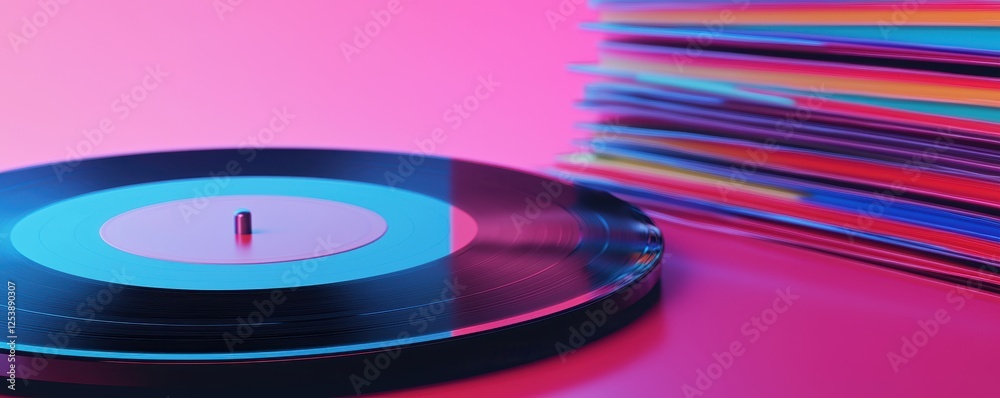 A close-up shot of a glossy vinyl record with a colorful stack of record sleeves in the background, radiating retro vibes A close-up shot of a glossy vinyl record with a colorful stack of record sleeves in the background, radiating retro vibes