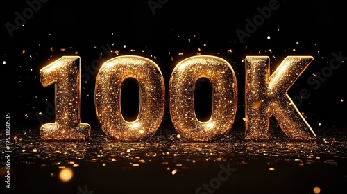 3D Illustration of Glittering Golden '100K' Text with Wave Effect on Black Background, Featuring Vibrant Yellow Gold and Glowing Light