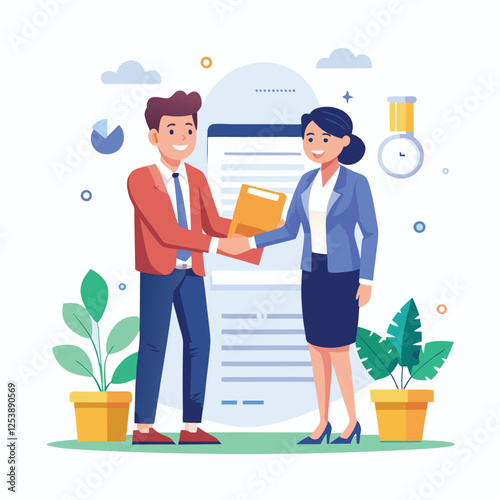 People shaking hands at work - Two businesspeople, man and woman doing handshake in office at work while smiling over business agreement and deal. Flat design stock illustration on white background