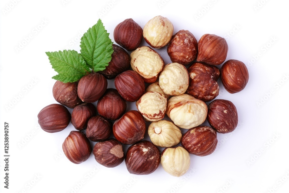 A compact arrangement of nuts with a single leaf on a white surface A compact arrangement of nuts with a single leaf on a white surface