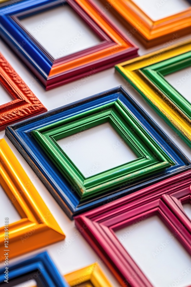A collection of vibrant photo frames arranged on a clean white surface, perfect for decorative purposes or as a prop in your next creative project A collection of vibrant photo frames arranged on a clean white surface, perfect for decorative purposes or as a prop in your next creative project