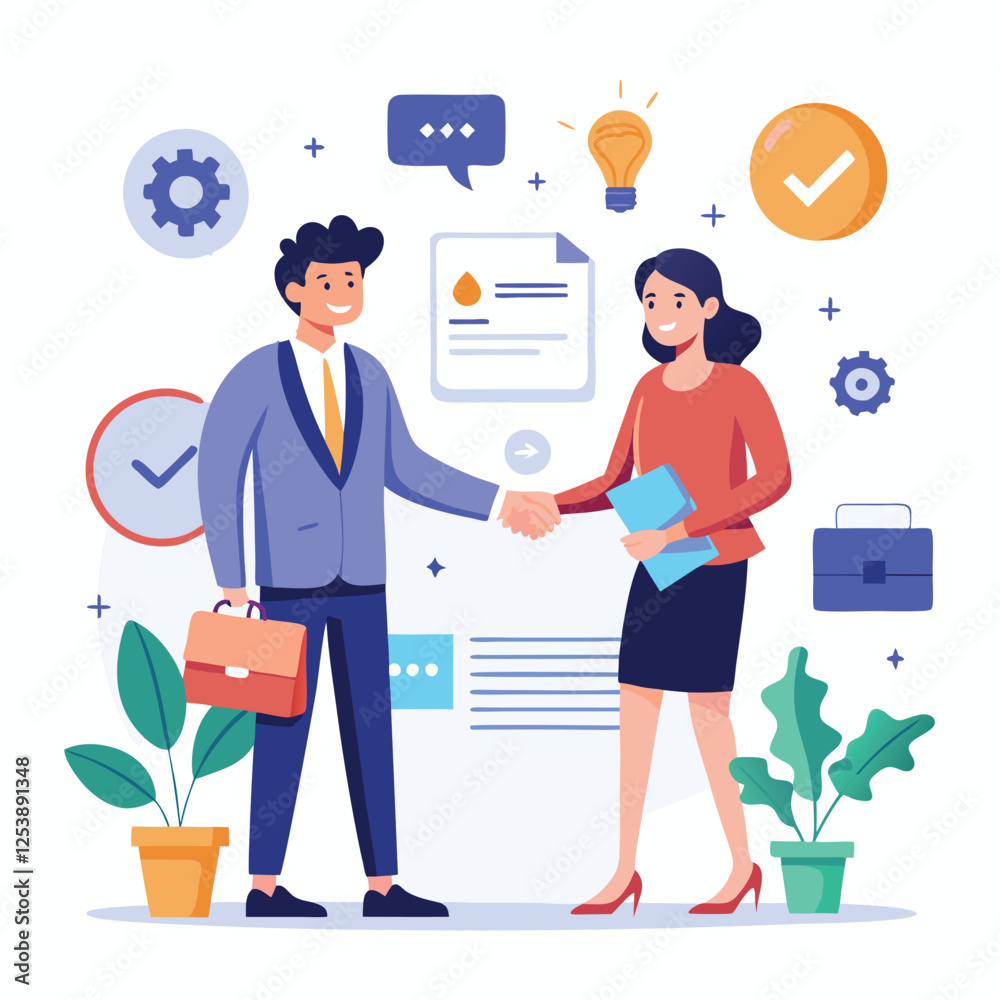 People shaking hands at work - Two businesspeople, man and woman doing handshake in office at work while smiling over business agreement and deal. Flat design stock illustration on white background People shaking hands at work - Two businesspeople, man and woman doing handshake in office at work while smiling over business agreement and deal. Flat design stock illustration on white background