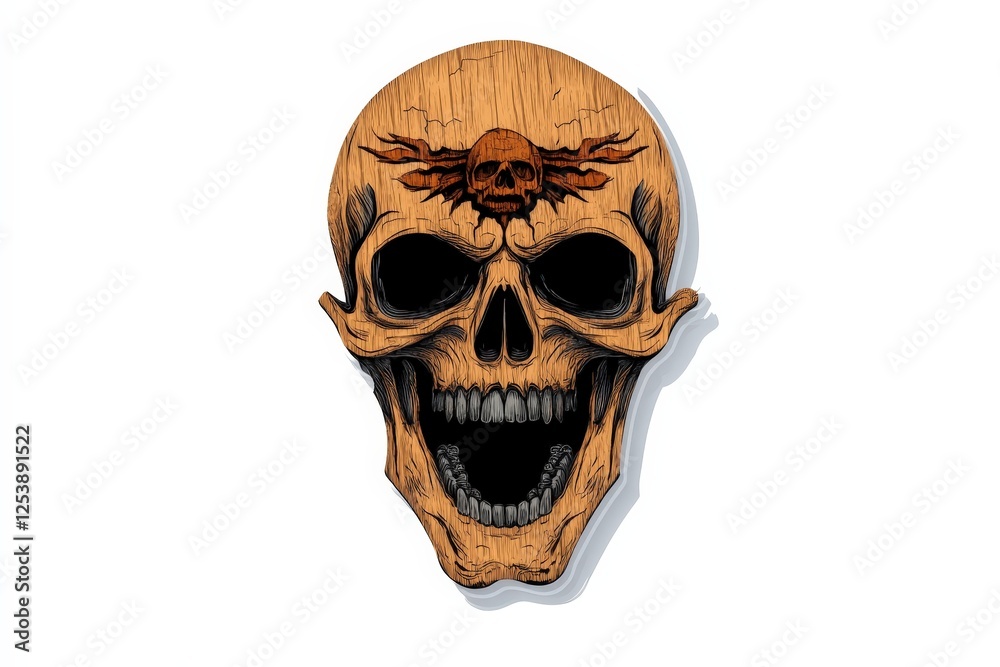 A creatively designed wooden skull showcases intricate details and a bold design element, blending artistic aesthetics with a traditional symbol of mortality. A creatively designed wooden skull showcases intricate details and a bold design element, blending artistic aesthetics with a traditional symbol of mortality.