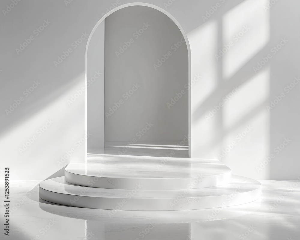 Fototapeta premium A reflective white podium surrounded by diffused soft light, creating a clean aesthetic