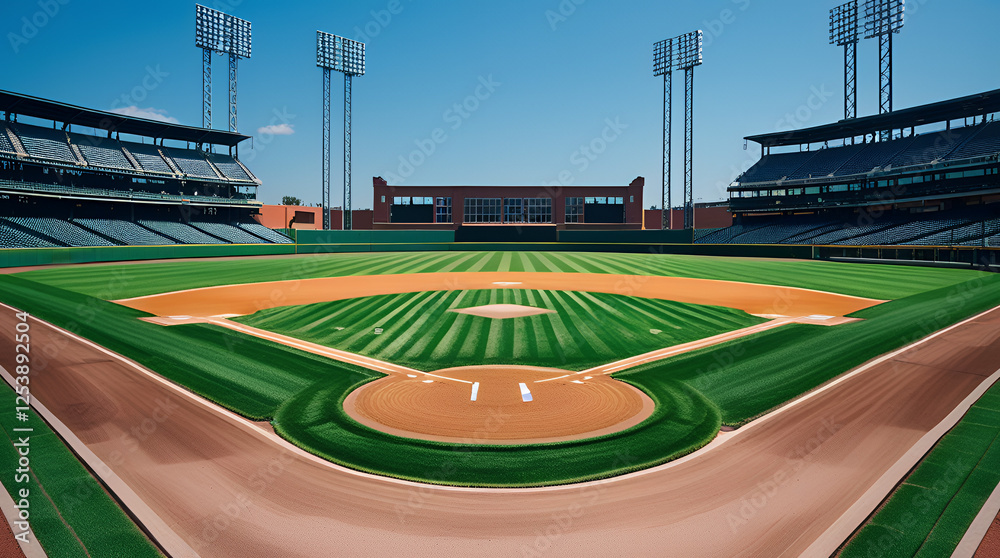 Fototapeta premium A pristine baseball stadium on a sunny day illustration image.