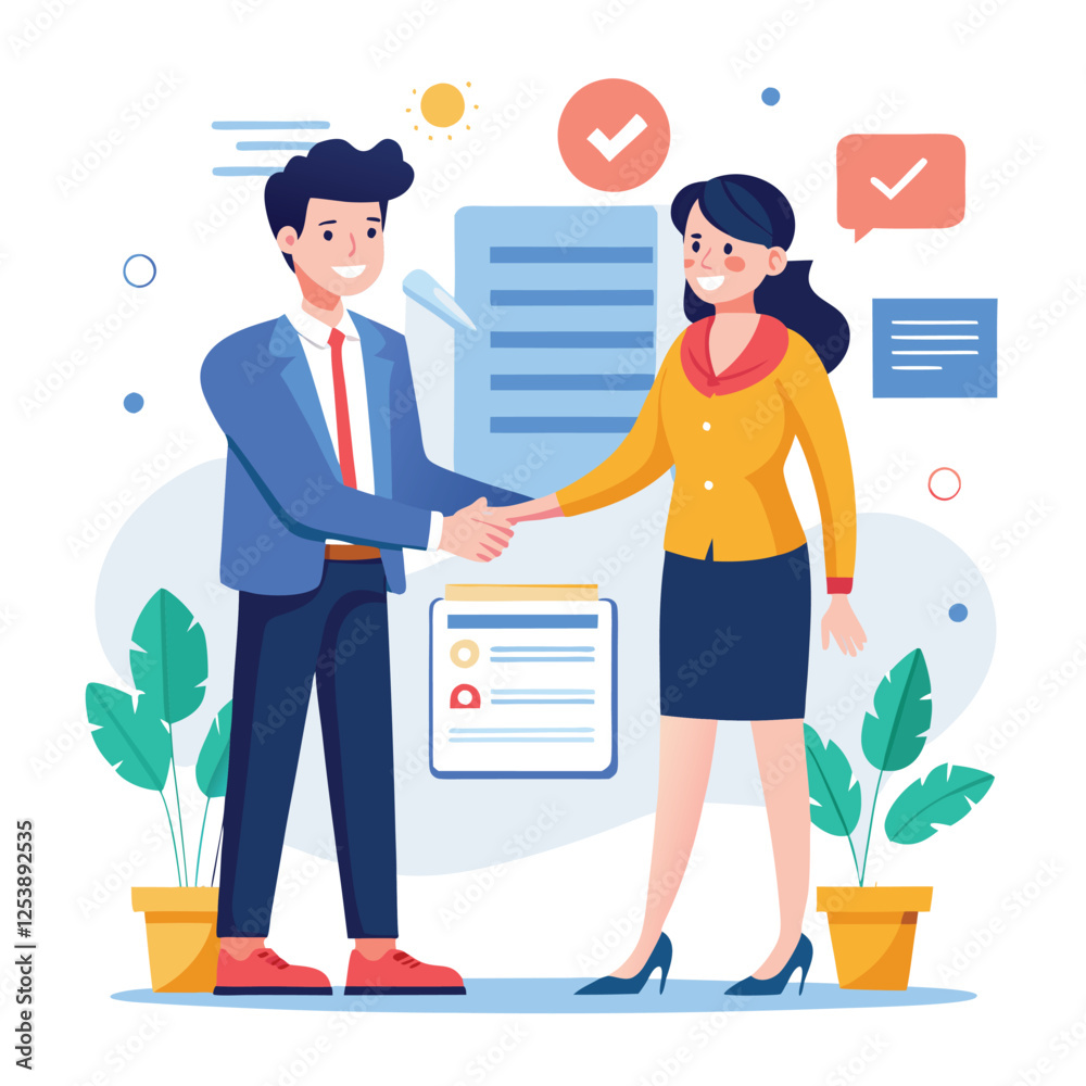 Obraz premium People shaking hands at work - Two businesspeople, man and woman doing handshake in office at work while smiling over business agreement and deal. Flat design stock illustration on white background