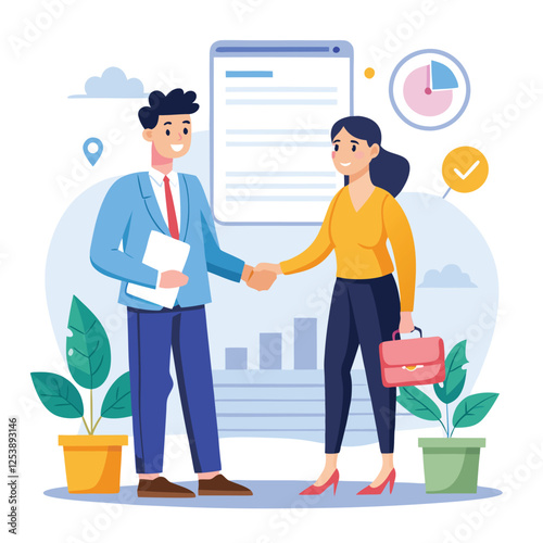 People shaking hands at work - Two businesspeople, man and woman doing handshake in office at work while smiling over business agreement and deal. Flat design stock illustration on white background