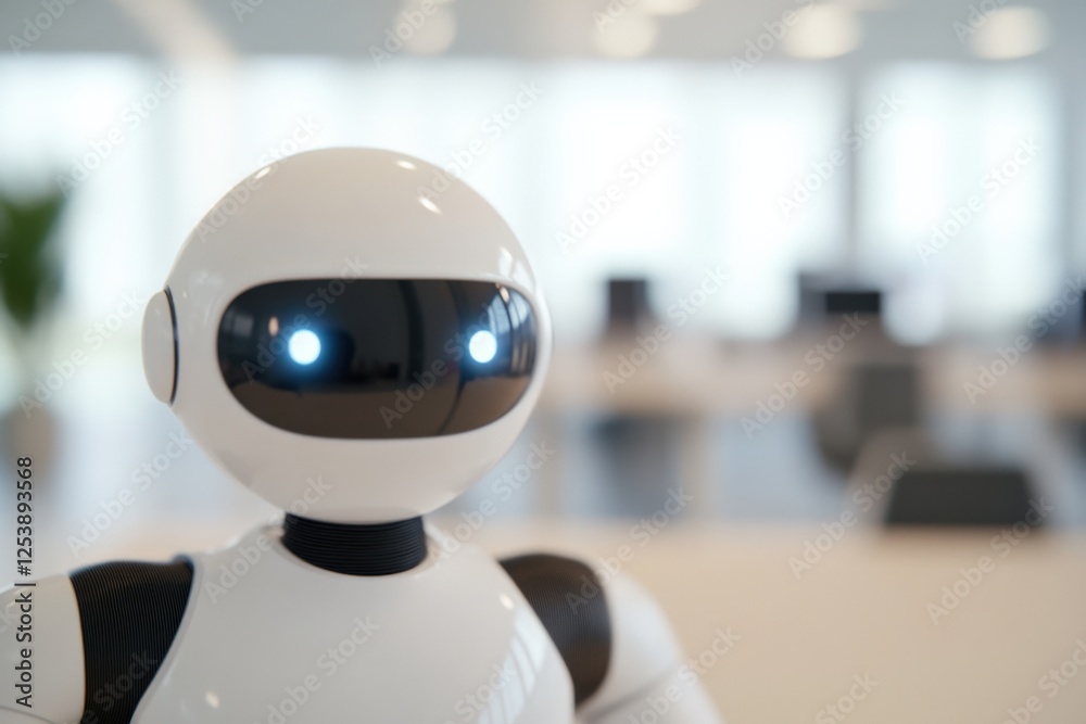 Robot looks forward in an office setting.