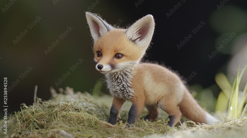 Obraz premium A small toy fox perched on top of a vivid green grassy area