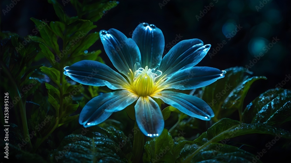 Fototapeta premium A mesmerizing close-up of a rare bioluminescent flower glowing softly in the moonlight, surrounded by lush green leaves