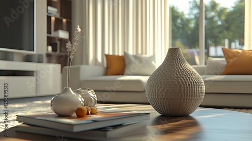 High-end living room with an elegant neutral color scheme, sculptural vases, and layered fabric textures for depth.
