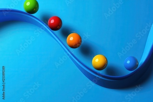 This image captures colorful bouncing spheres along smooth, flowing blue curves, symbolizing energy and harmony in a captivating visual manner.