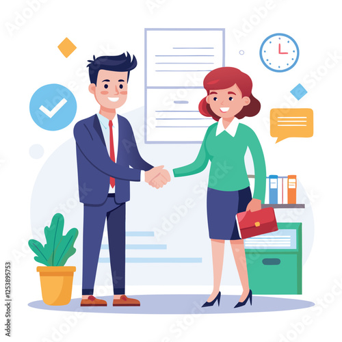 People shaking hands at work - Two businesspeople, man and woman doing handshake in office at work while smiling over business agreement and deal. Flat design stock illustration on white background