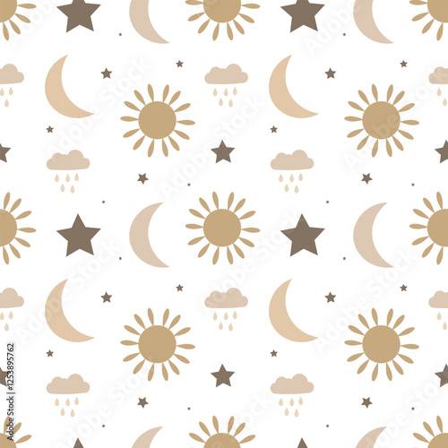 Seamless patten with sun, clouds, rain, stars and moon on a white background