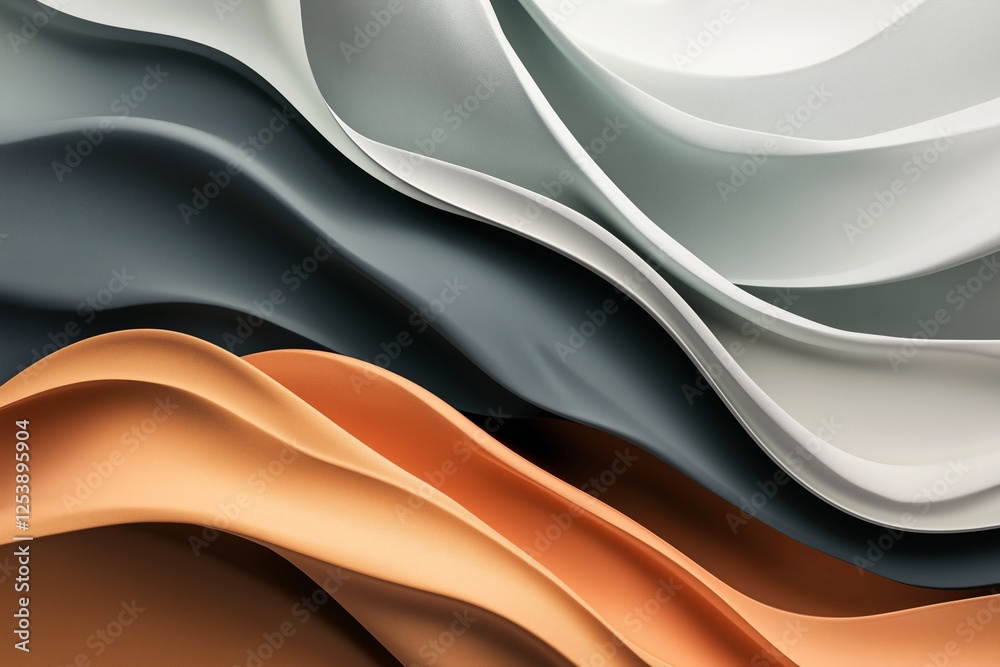 Abstract flowing waves of white, gray, and bronze create a visual rhythm. Abstract flowing waves of white, gray, and bronze create a visual rhythm.