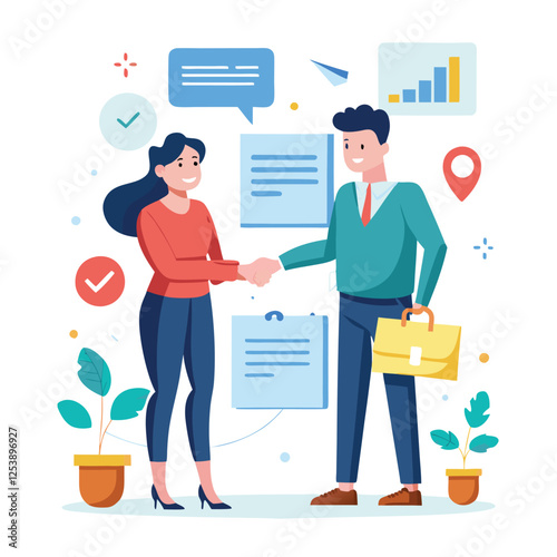 People shaking hands at work - Two businesspeople, man and woman doing handshake in office at work while smiling over business agreement and deal. Flat design stock illustration on white background