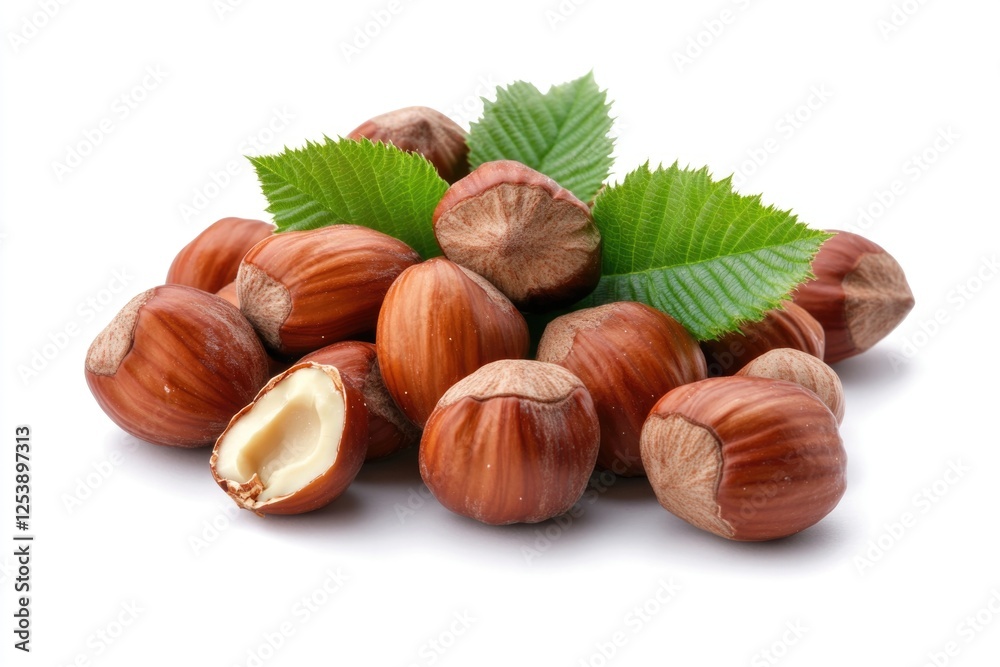 A collection of hazelnuts surrounded by leaves on a white background A collection of hazelnuts surrounded by leaves on a white background