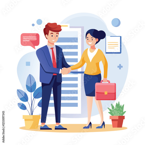 People shaking hands at work - Two businesspeople, man and woman doing handshake in office at work while smiling over business agreement and deal. Flat design stock illustration on white background
