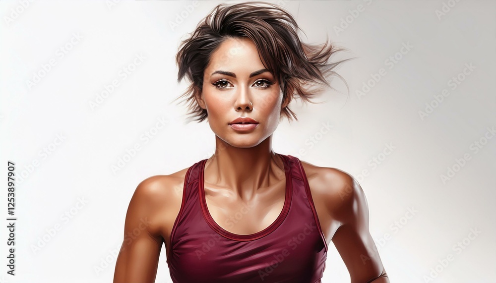 portrait of a brunette woman runner wearing a dark red bordeaux top on a white background portrait of a brunette woman runner wearing a dark red bordeaux top on a white background