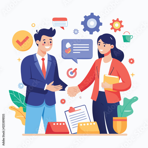 People shaking hands at work - Two businesspeople, man and woman doing handshake in office at work while smiling over business agreement and deal. Flat design stock illustration on white background