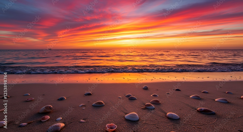 Seashells on Beach at Sunset with Vibrant Sky and Calm Ocean Seashells on Beach at Sunset with Vibrant Sky and Calm Ocean