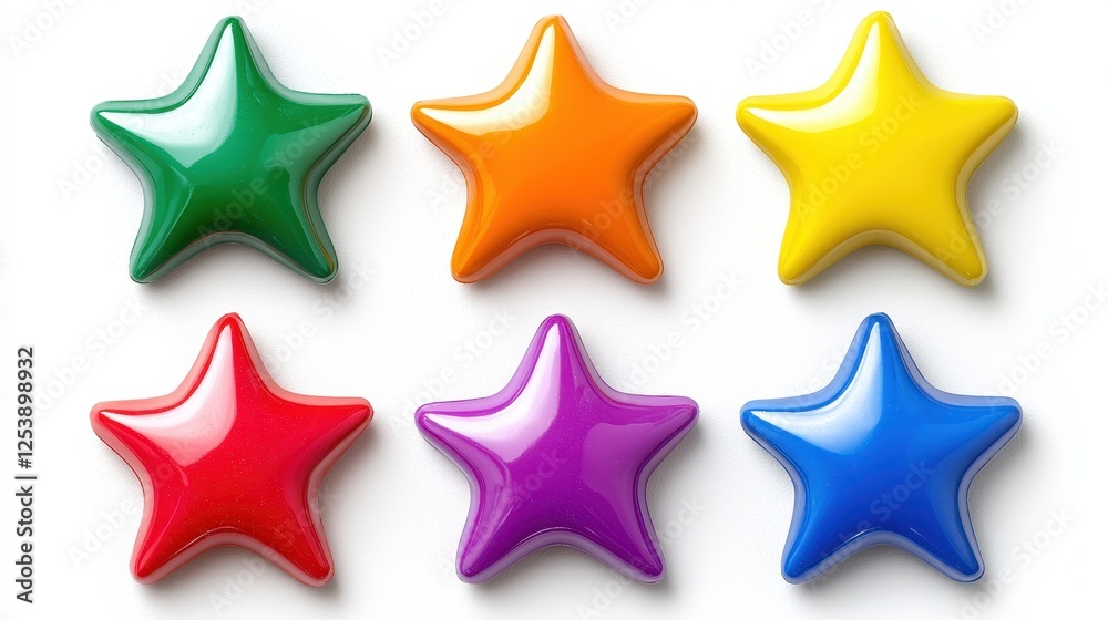 Six colorful star-shaped objects arranged in two rows. The stars feature vibrant colors: green, orange, yellow, red, purple, and blue. Six colorful star-shaped objects arranged in two rows. The stars feature vibrant colors: green, orange, yellow, red, purple, and blue.