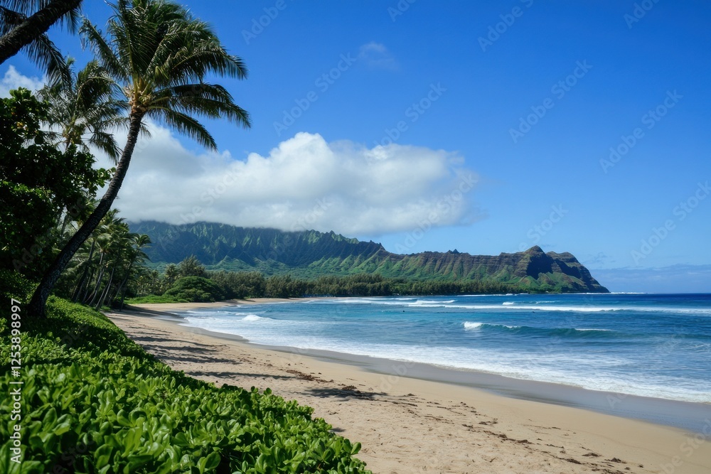 Tropical beach with palm trees, mountains, and ocean waves. Tropical beach with palm trees, mountains, and ocean waves.