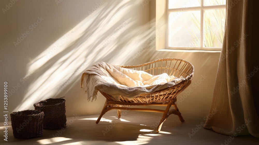 A cozy, sunlit nursery corner with a wicker bassinet and soft blankets. A cozy, sunlit nursery corner with a wicker bassinet and soft blankets.