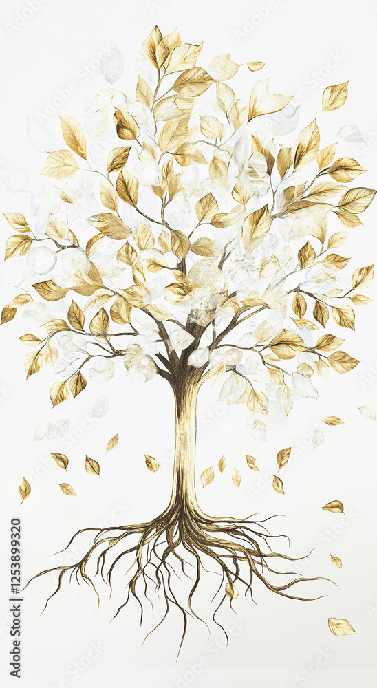 Fototapeta premium Golden tree art with leaves and roots in an abstract nature painting for luxury decor