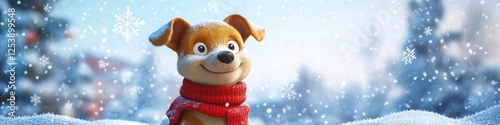 A playful cartoon dog bundled up and enjoying the snow