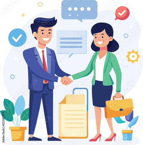 People shaking hands at work - Two businesspeople, man and woman doing handshake in office at work while smiling over business agreement and deal. Flat design stock illustration on white background