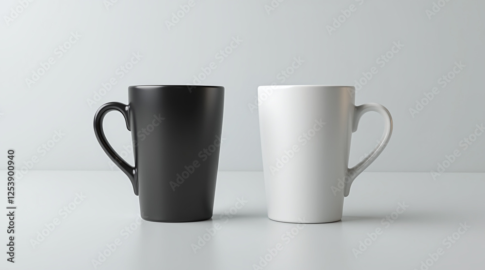 Two Blank Mugs Cups White and Black Mock-up on Clean Neutral Background, Template Coffee Mug Two Blank Mugs Cups White and Black Mock-up on Clean Neutral Background, Template Coffee Mug