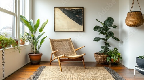 The perfect blend of mid-century design and minimalism--a woven chair set against abstract artwork with soft human motion in the frame.