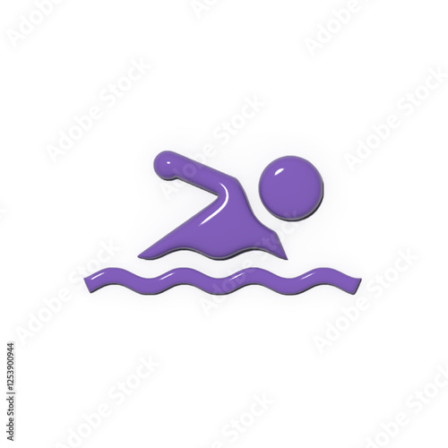 A glossy purple icon depicting a swimmer in motion rendered in a 3D style against a clean white background symbolizing aquatic activities and recreation