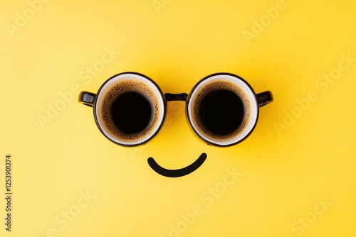 A trendy illustration featuring two coffee cups with sunglasses and a broad smile displayed on a bright yellow background, symbolizing coolness and joy.